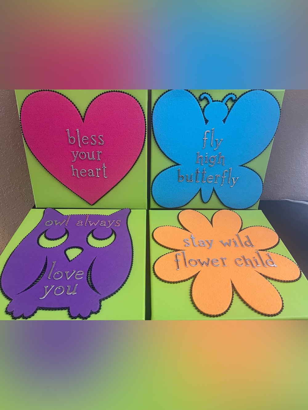Set of 4 Handmade Canvas Wall Art - Butterfly, Heart, Owl, Flower